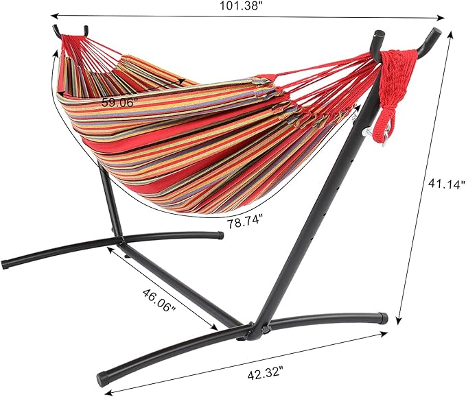 Cotton Hammock with Space Saving Steel Stand,9ft Black Steel Pipe Hammock Frame with 200 * 150cm Polyester Cotton Hammock Iron Hammock Set (Red Stripe B)