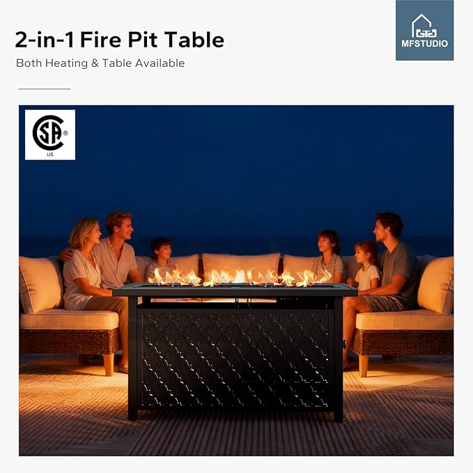 MFSTUDIO 9 Piece Wicker Patio Furniture Set with Fire Pit Table, 4 x Single Chair, 2 x Ottoman, 3-Seat Sofa, All-Weather Outdoor PE Rattan Patio Conversation Set for Garden, Backyard(Beige Cushions)