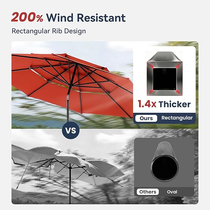 PHI VILLA 10ft Patio Umbrella Outdoor 3 Tier Vented Market Table Umbrella with 1.5" Umbrella Pole and 8 Sturdy Ribs, (Orange Red)（No Base）