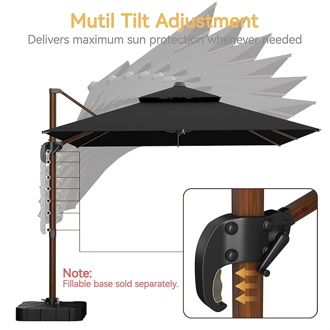 10x13 FT Wood Pattern Patio Umbrella, Large Deluxe Cantilever Rectangular Double Top Heavy Duty Offset Umbrellas with 360° Rotation, Outdoor shade for Garden Deck Pool Patio, Black
