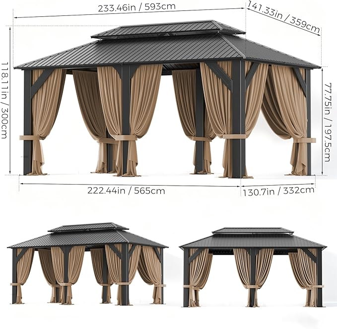 12’x20’ Hardtop Gazebo, Galvanized Steel Double Roof Canopy with Aluminum Frame, Outdoor Pavilion with Nettings and Curtains