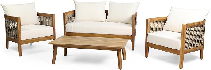 CHRISTOPHER KNIGHT HOME Burchett Outdoor 4pc Chat Set - Acacia Wood and Wicker - Teak/Mixed Brown/Beige