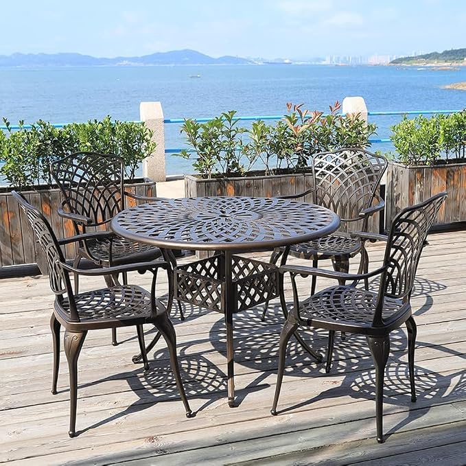 5-Piece Outdoor Dining Set, All-Weather Cast Aluminum Resistant Patio Dining Furniture, Includes 4 Chairs and 1 Round Table with Umbrella Hole for Garden Deck Backyard