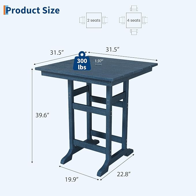 GarveeLife Outdoor Counter Height Bar Dining Table, HDPE Wood Grain Tall Bar Table – 39.6" High Square Pub Table, Cocktail Bistro Table Fits, for Patio, Garden, Poolside, Balcony & Yard (Navy Blue)