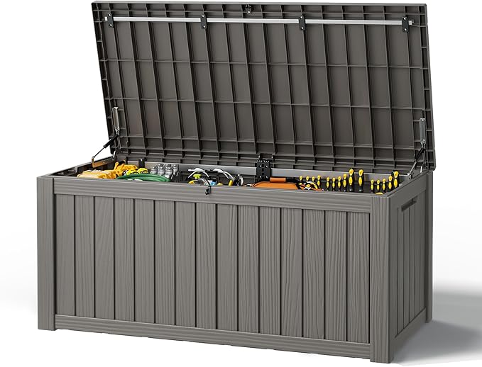 Outdoor Storage Box, Resin Deck Boxes Indoor and outdoor, Waterproof Storage Box Lockable Lid (Grey,150 Gallon)
