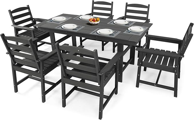 MELLCOM 7 Pieces Patio Dining Table Sets, Outdoor HDPE Dining Furniture Set with Umbrella Hole Table and 6 Chairs for Deck, Garden, Backyard