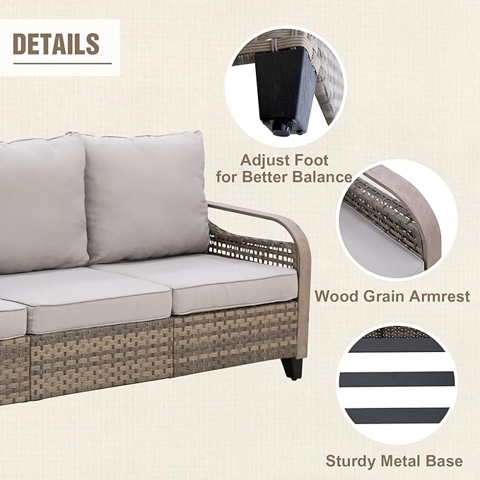Modern Wicker Patio Furniture Set, Rattan Outdoor Conversation Set with Comfortable Cushions, 2 Patio Chairs, 3 Seat Couch and Coffee Table, 4 Pieces, Brown/Gray