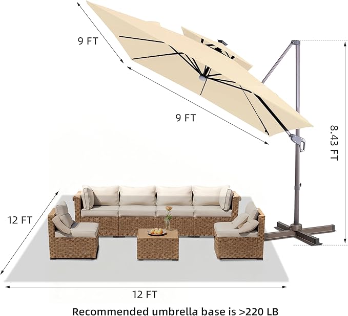JZAC & QZYD 9x9 FT Outdoor Cantilever Patio Umbrella with Solar LED Lights, Large Heavy Duty 2-Tier Canopy Square Aluminum Offset Umbrellas with 360-Degree Rotation for Pool Deck Backyard, Beige