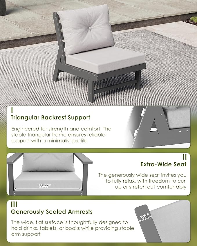 GREENVINES Outdoor-Couch | HDPE Plastic | Patio Sectional Conversation Sets | All Weather Couches | Armless Single Sofa | for Porch Deck Lawn | Gray Frame Light Gray Cushion