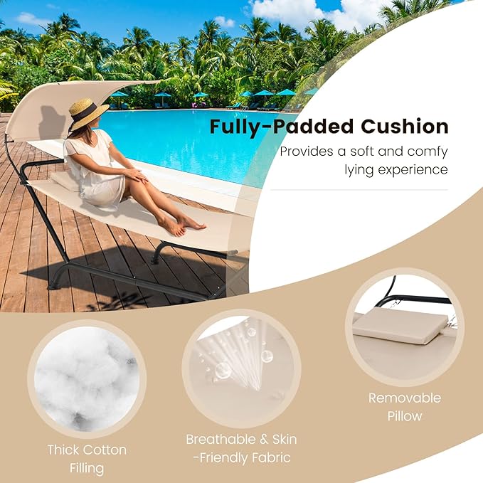Nightcore Outdoor Canopy Hammock Swing Chair, Cushioned Patio Hanging Chaise Lounge w/Pillow & Storage Bag, Metal Swing Hammock Bed w/Stand for Garden, Lawn, Backyard (Beige)