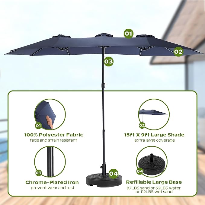 15ft Umbrella Outdoor Patio - Double-Sided Large Market Rectangle Umbrellas with Crank Handle for Patio Garden Yard Pool (No Base)