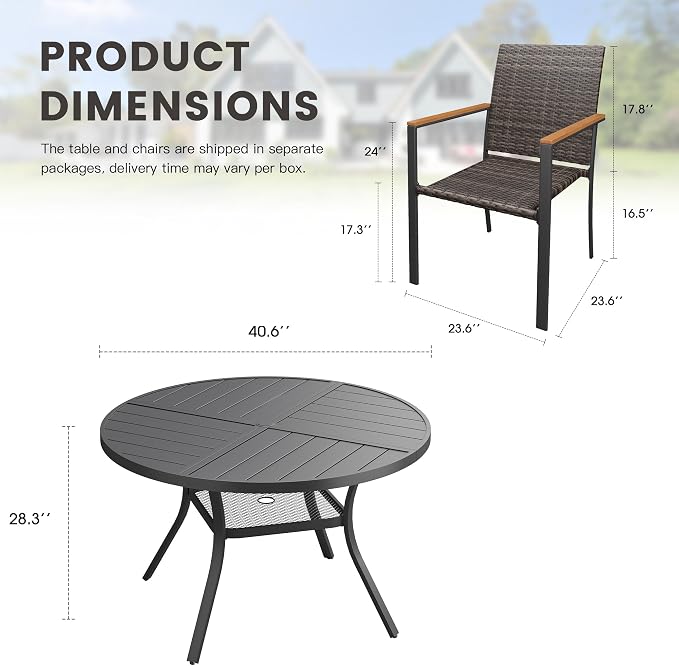 Round Patio Dining Set for 4, Outdoor Furniture Set of 40.6" Round Metal Table with Umbrella Hole and Stackable Wicker Patio Chairs for Backyard Lawn Garden, Walnut Chairs, Black Table