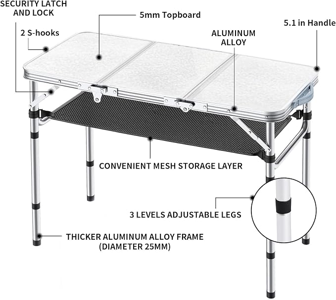 Yriuat Folding Camping Table 3ft Portable Picnic Table Adjustable Height Small Card Table Aluminum Foldable Lightweight with Carry Handle for Outdoor Indoor Hiking Camp BBQ Beach