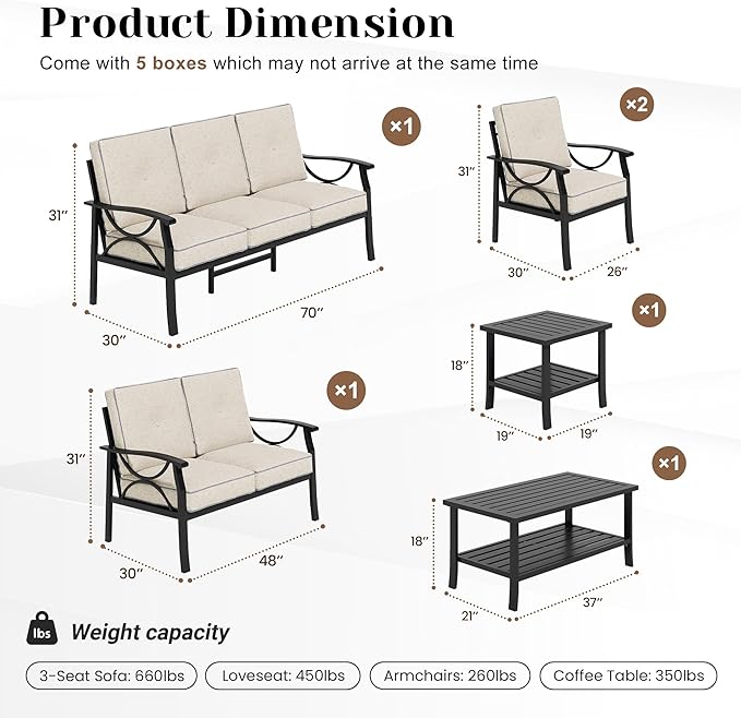 RoyalCraft 6-Pieces Outdoor Patio Furniture Set, Outdoor Metal Sectional Furniture with Cushions, Outdoor Conversation Seating Set with Coffee Table for Balcony, Backyard, Garden, Deck, Black