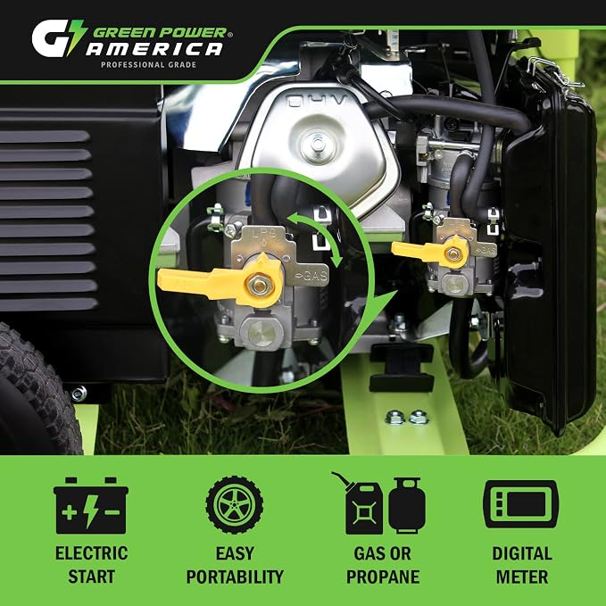 Green-Power America Portable Generator 10000 Watt Gas/Propane Dual Fuel Electric Start Home Backup & RV Ready 120V/240V Outlets Camping Commercial & Residential Emergency Home Backup - EPA Compliant