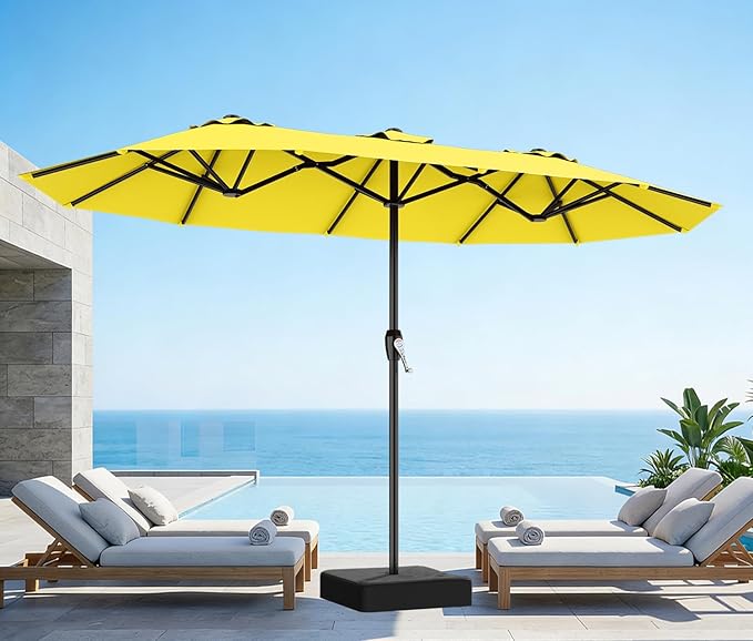 AreShark 15ft Patio Umbrella with Base, Double Sided Outdoor Umbrella with 12 Fiberglass Ribs, Large Outdoor Umbrella for Garden, Pool, Deck, Backyard & Market, Yellow