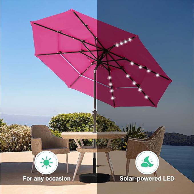 JEAREY 3 Tiers Patio Umbrella with Solar Lights 9ft Outdoor Market Table Umbrellas with Push Button Tilt for Outside Pool Garden, Pink