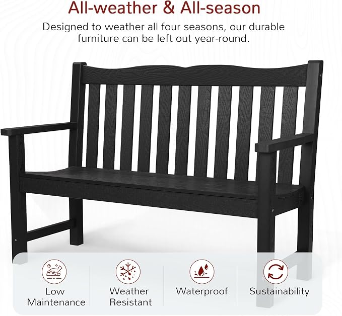Stoog 4-Piece Patio Furniture Set, All-Weather Outdoor Dining Set, Include 1 Outdoor Bench, 2 Outdoor Chairs and 1 Coffee Table, Black
