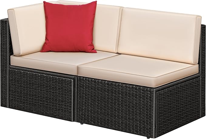 Greesum 2-Piece Patio Conversation Set Wicker Rattan Furniture Outdoor Sofa with Cushions,Pillows for Porch,Lawn and Yard, Beige