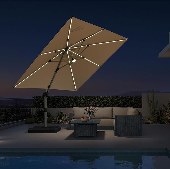 PURPLE LEAF 9 Feet Patio Umbrella with Lights Outdoor Square Cantilever Umbrella Solar Powered LED with 360-degree Rotation for Garden Deck Pool Patio, Beige