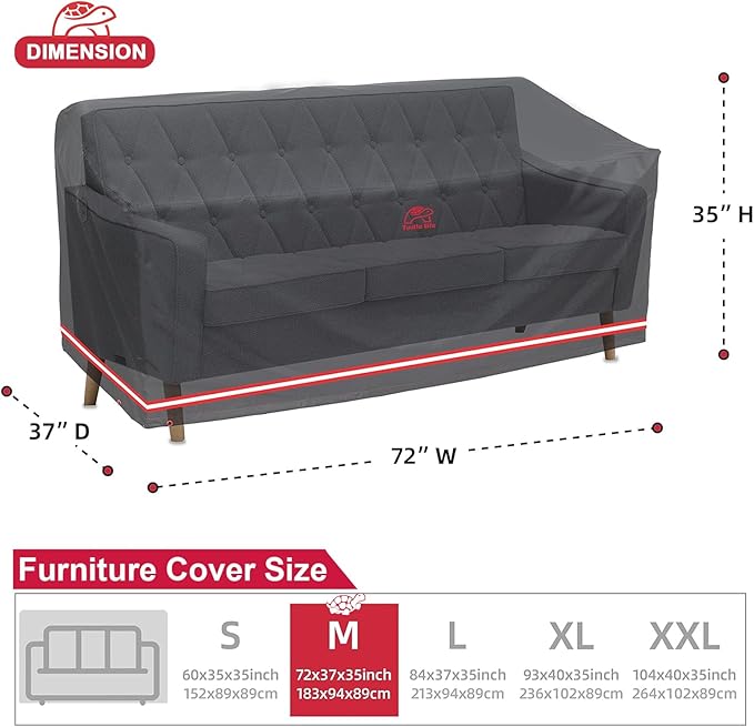 Turtle Life Patio Sofa Cover, Outdoor Heavy Duty Durable UV Water Resistant Anti-Fading Multi-Person Sofa Cover with 2 Upgrade Air Vents and 2 Buckles, Black, 72" W x 37" D x 35" H