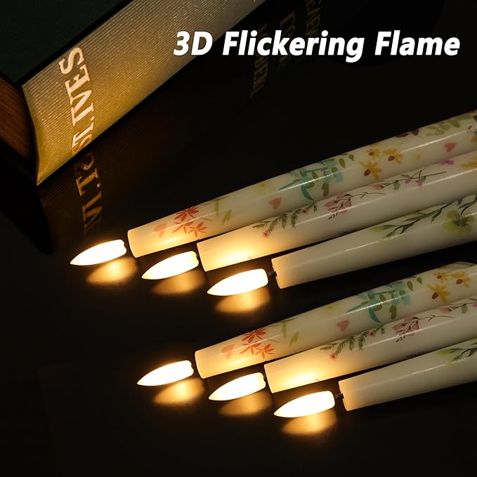 Spring Flameless Taper Candles with Flowers, 9.6" Real Wax LED Candles with Remote, 3 Pack Flickering Candlesticks Battery Operated, Fake Candle for Home, Wedding, Party