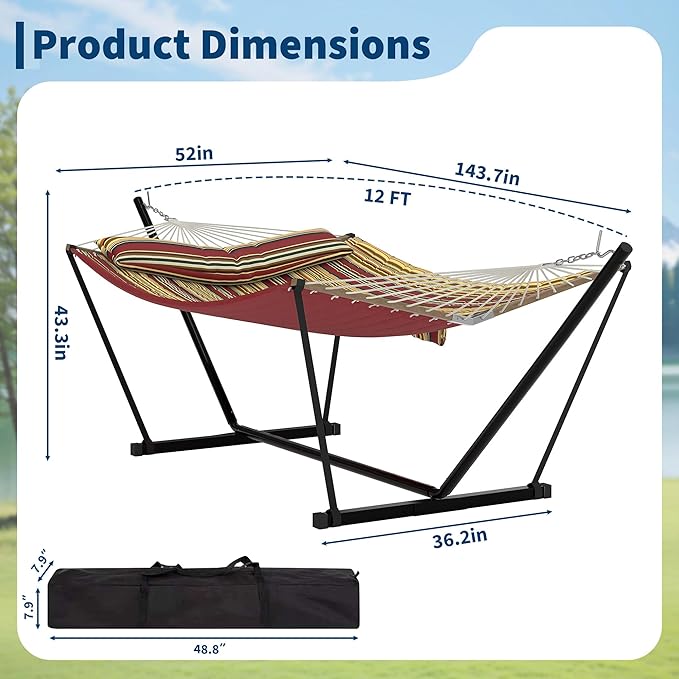 2 Person Double Hammock with Adjustable Steel Stand & Pillow, Heavy Duty Portable Outdoor Hammock Set, MAX 450 LBS Weight Capacity for Patio, Garden, Beach, Backyard