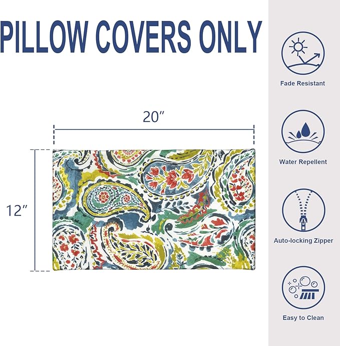 12x20 Inch Outdoor Lumbar Pillow Covers Pack of 2, All Weather Cushion Pillow Cases, Pillowcase for Patio Couch Decoration, Paradise Paisley