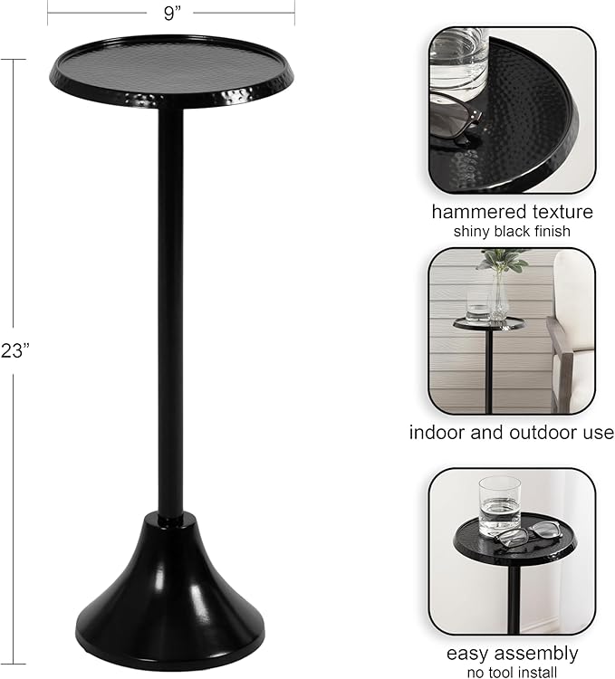Kate and Laurel Sanzo Modern Pedestal Outdoor Drink Table; 9 x 9 x 23; Black; Decorative Outdoor Patio Table for Deck with Hammered Tabletop for Use as Small Plant Stand or Living Room Martini Table