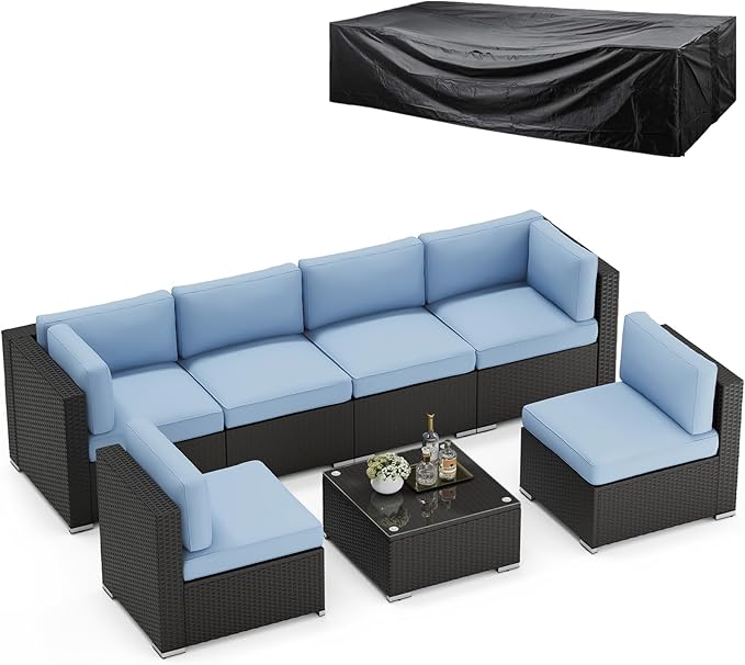 SUNCROWN 7-Piece Outdoor Patio Furniture Sofa Set All-Weather Wicker Sectional Conversation Set with Modern Glass Coffee Table, Cushions and Waterproof Cover,Light Blue