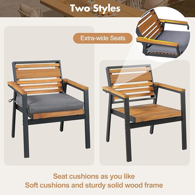 7 Pieces Metal Patio Dining Table Set with Acacia Wood, 74.8" Large Dinner Table, 6 Chairs with Dual-Layer Iron and Detachable Cushions, Outdoor or Indoor Furniture for Garden or Backyard, Black Gray
