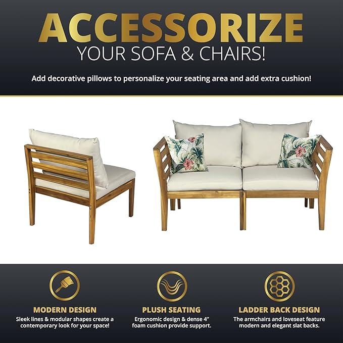 Kinger Home Trena 5-Piece Acacia Wood Outdoor Patio Furniture Set with Cushions Elegant Durable Wood Patio Furniture Set for Gardens, Decks, and Conversations