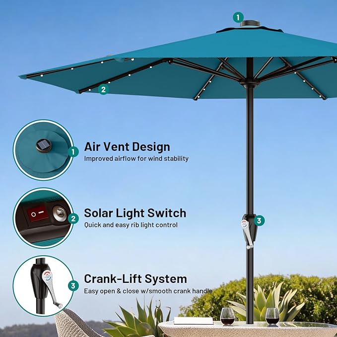 AreShark 12FT Large Patio Umbrella with Solar Lights, Solar Powered Outdoor Umbrella with Crank, Patio Table Market Umbrellas for Garden, Deck, Backyard, Pool and Beach, Lake Blue