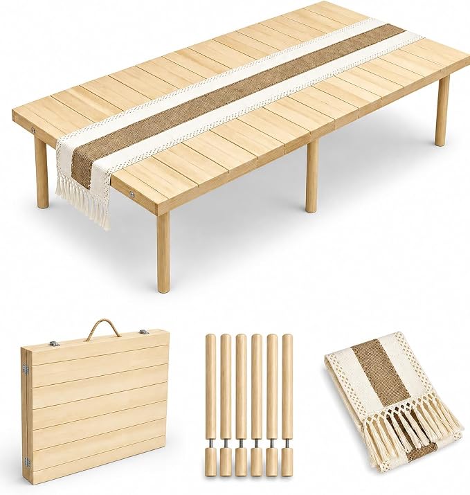Folding Picnic Table, 60 x 30 in Solid Wood Boho Low Picnic Table with Table Runner, Portable Foldable Floor Table with Adjustable Height for Beach, Camping, Backyard, Wedding & Outdoor Parties