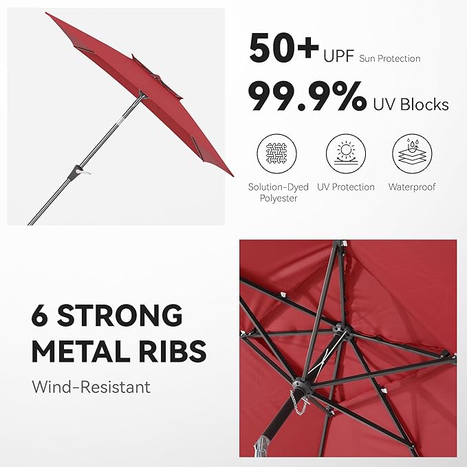 6.6 x 10 ft Rectangular Patio Umbrella, Outdoor Market Table Umbrella with Push Button Tilt and Crank, Double-Tier Vent, 6 Ribs, Rectangle Patio Umbrella for Backyard, Deck, Pool, Fits 4–6 Chairs and Tables (Wine Red)