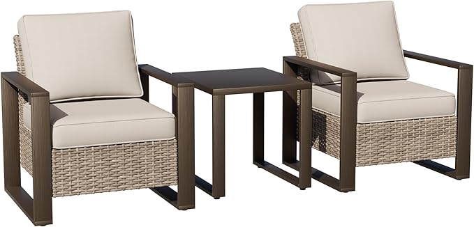 Joyside Outdoor Patio Chairs, 3 Pieces Wicker Rattan Furniture Set, 2 Patio Chairs and 1 Table, Metal Wide Armrest, Thick Cushions and Deep Seating for Garden, Backyard, Porch, Deck