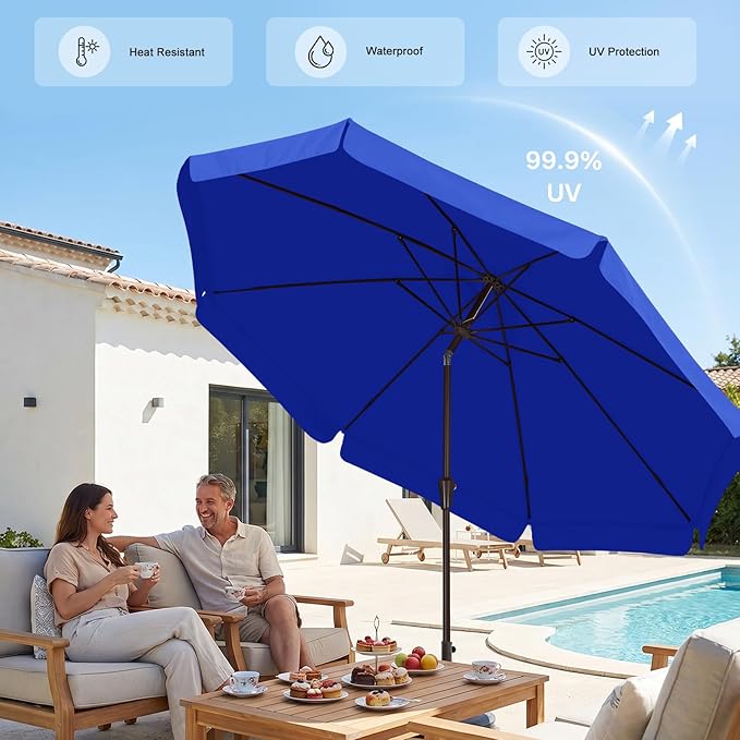 ABCCANOPY 9ft Scalloped Patio Umbrella, Outdoor Table Umbrella with Tilt and Crank, Fiberglass Ribs Deck Umbrella for Patio, Pool, Garden, Picnic (Blue)