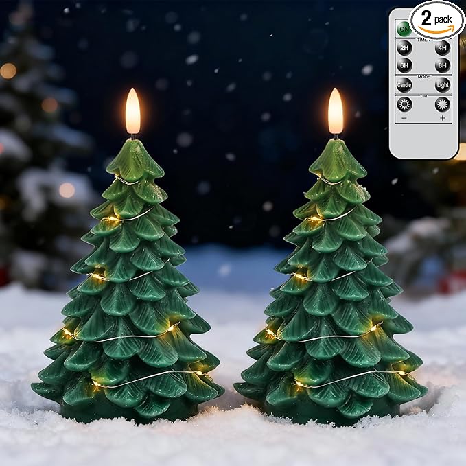 Christmas Tree Shaped LED Candles with Remote Timer, 2 Pcs Flameless Pillar Candles with Embedded String Lights, Battery Operated Flickering Green Candles for Christmas Home Décor
