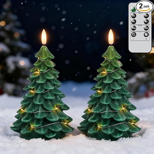 Christmas Tree Shaped LED Candles with Remote Timer, 2 Pcs Flameless Pillar Candles with Embedded String Lights, Battery Operated Flickering Green Candles for Christmas Home Décor