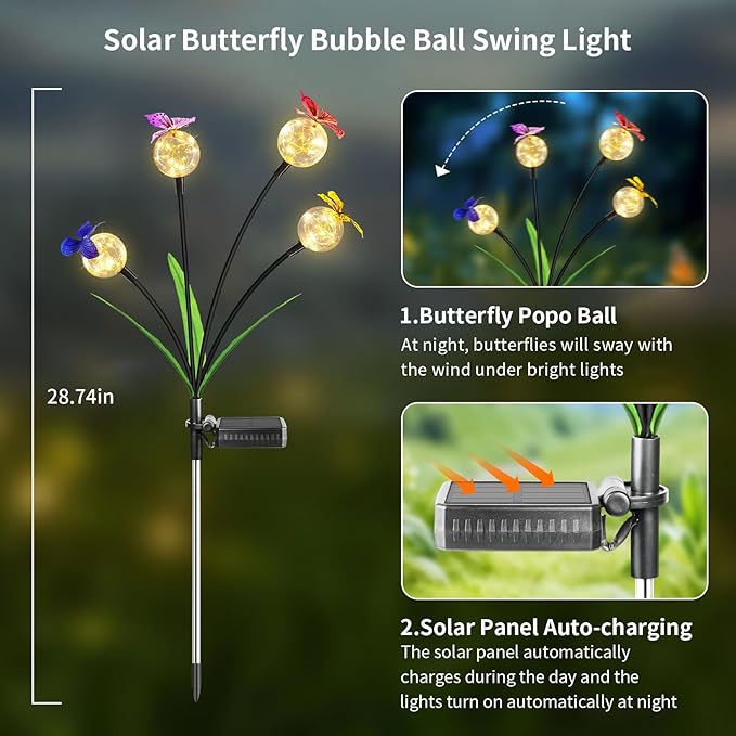 Solar Lights Outdoor 2 Pack, Solar Garden Lights, Butterfly Outdoor Decorations, Patio Decor, Big Bulb, Unique Gifts for Women, Gifts for Grandma