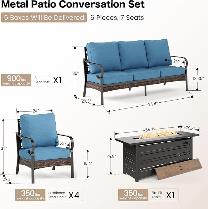 6 Piece Metal Outdoor Patio Furniture Sets with Firepit Table, Patio Conversation Sets 1 3-Seater Sofa, 4 Single Sofa with 5.75" Extra Cushion Backyard Furniture for Deck, Denim Blue