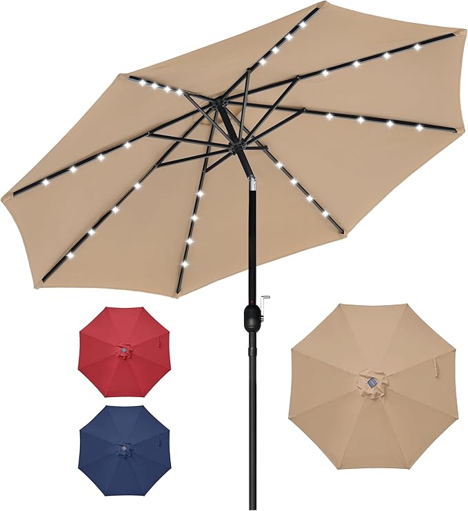 Simple Deluxe 9' Solar Umbrella 32 LED Lighted Patio Umbrella Table Market Umbrella for Garden, Deck, Backyard and Pool