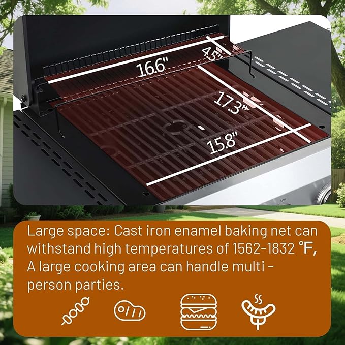 3 Burner BBQ Propane Gas Grill with Plancha Griddle, Stainless Steel Patio Garden Barbecue Grill with Two Side Shelves,36,900 BTU Outdoor Barbecue Cooking with Top Cover Lid