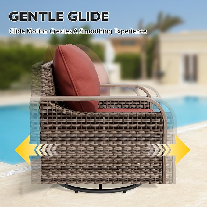 EAGLE PEAK Modern Wicker Outdoor Patio Furniture Set, Patio Conversation Set, 2 Swivel Rocking Chairs, 2-Seat Loveseat, Coffee Table and Side Table, 5 Pieces, Brown/Red