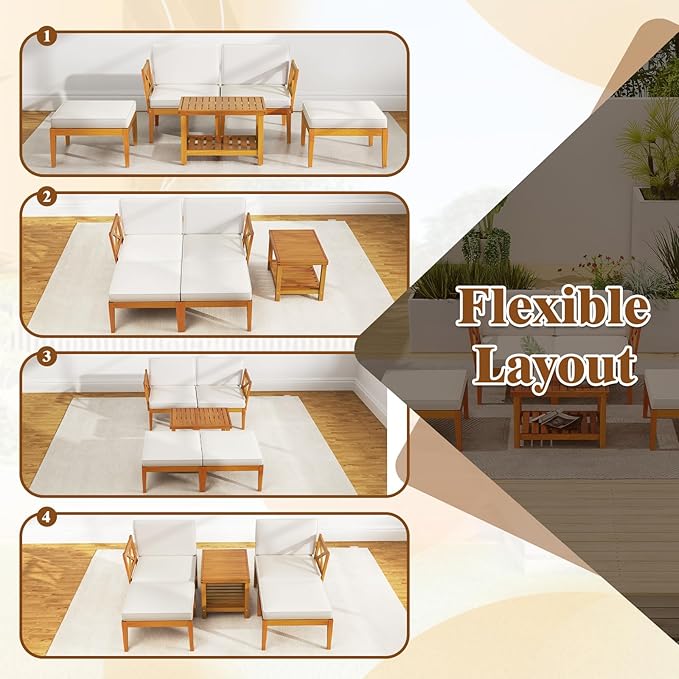 HAPPYGRILL 5 Pieces Acacia Wood Patio Chaise Lounge Chair Set with Ottoman, Outdoor Patio Furniture Set with Cushions and 2-Tier Coffee Table, Outdoor Sectional Conversation Sofa Set for Garden