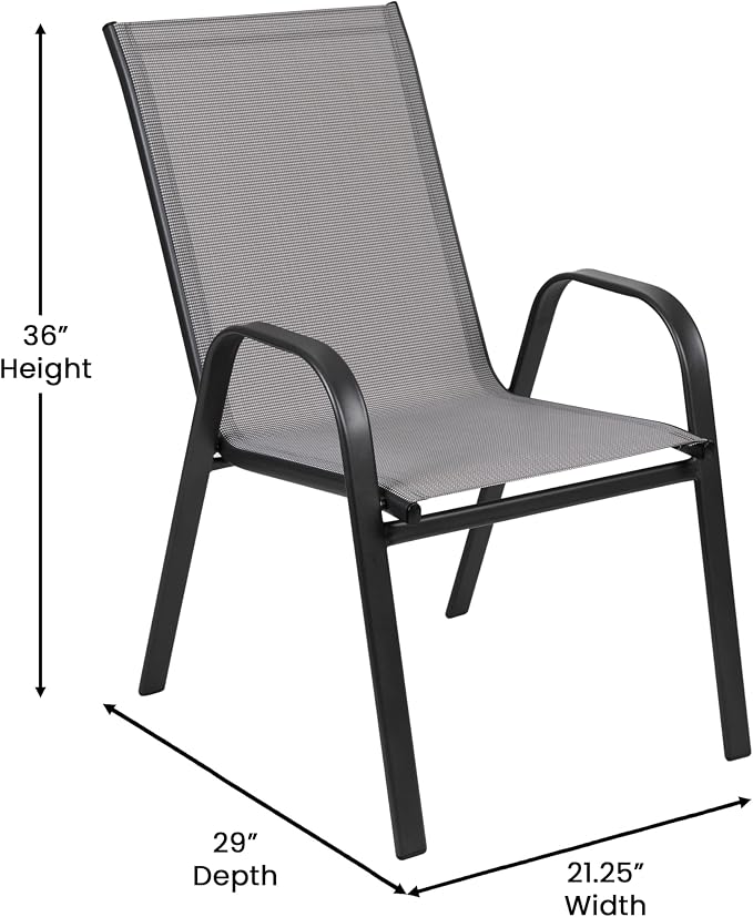 Merrick Lane Bardwell 5 Piece Outdoor Dining Table Set for 4 with Glass-Top Patio Table and 4 Stack Chairs with Flex Comfort Material in Gray