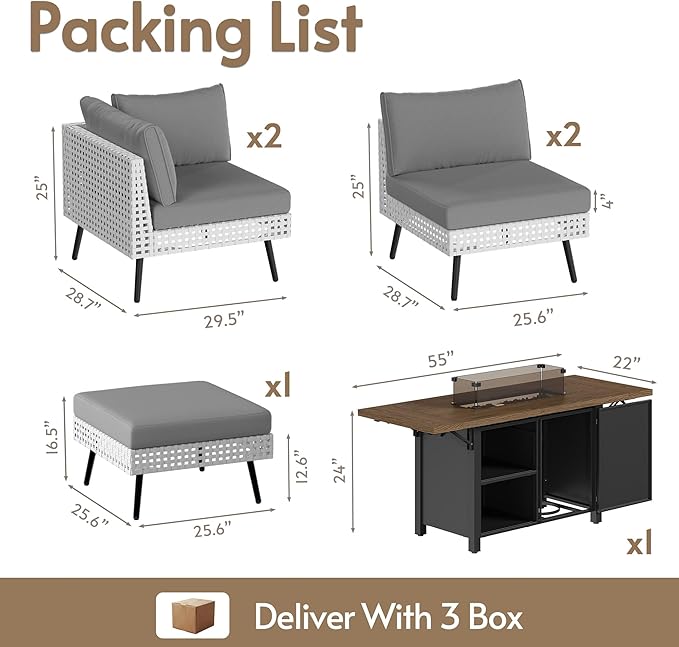 5 Piece Patio Furniture Set with Fire Pit Table (55" 50000BTU Propane), Patio Sectional with Upgraded Cationic Fabric Cushions & Outdoor Open Weave Wicker for Garden, Poolside, Backyard