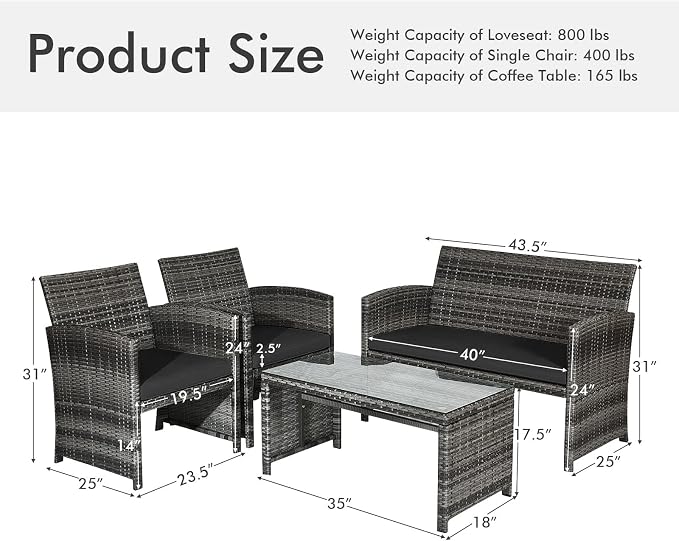 Outdoor Conversation Set, 4 Pieces Wicker Patio Furniture Set with Ergonomic Curved Design, Patio Chair Set with Water-Resistant Cushion & Tempered Glass Table for Balcony,Porch(Black)