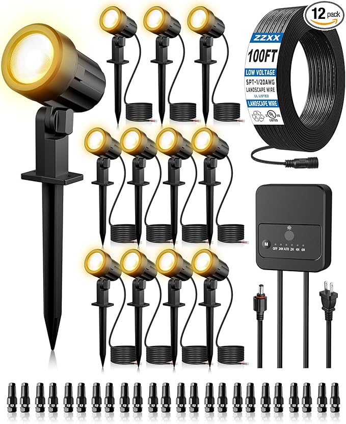 ZZXX All-in-One Low Voltage Landscape Lighting Kit, 12-Pack LED Landscape Lights with Transformer 100FT Wire and Connectors, 2700K Waterproof Landscape Spot Lights for Garden Yard House Tree
