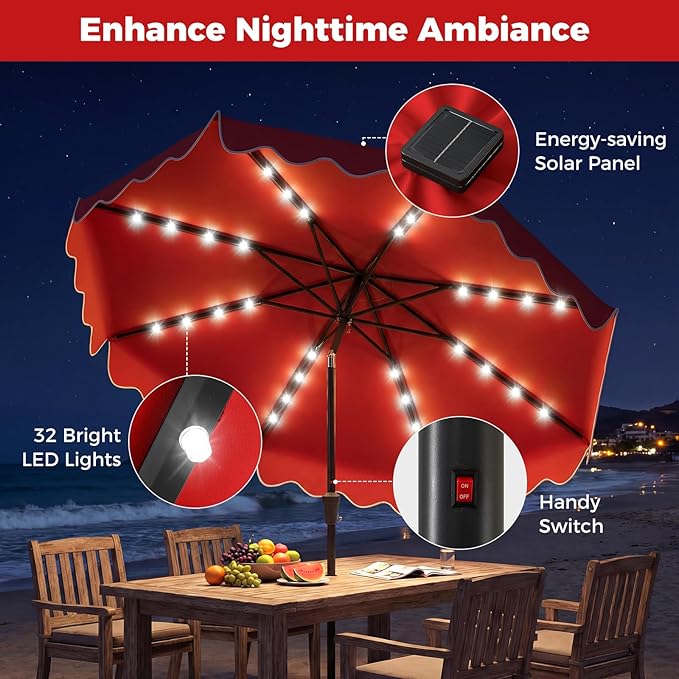 Tangkula 10 FT Solar Patio Umbrella with Base Included, 2-Tiers Outdoor Scalloped Table Umbrella with 32 LED Lights, 2 Sandbags, Tilt Adjustment, Crank, 8 Ribs for Market Backyard Pool Deck Beach Lawn (Red, 10 FT)